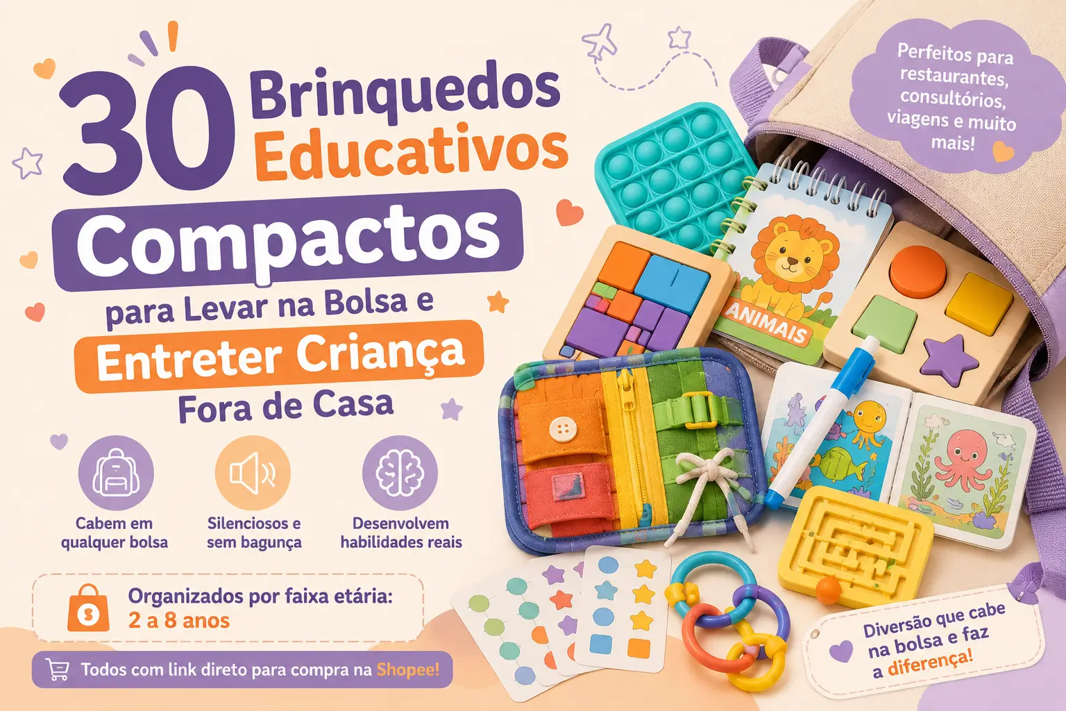 brinquedos educativos coloridos e compactos organizados sobre mesa com bolsa infantil ao lado prontos para passeio